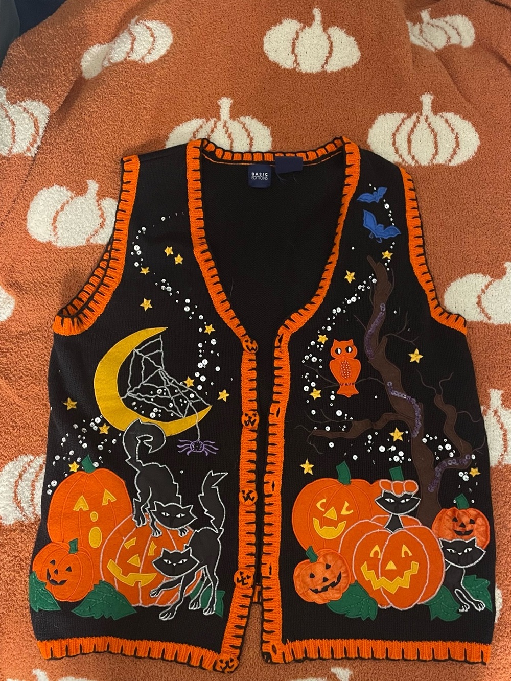 Basic Editions Black and Orange Halloween Knit Vest with Pumpkins, Cats & Owls